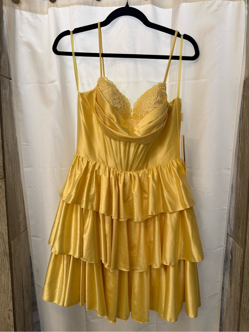 Stacees A-Line Lace Cowl Neck Corset Tiered Ruffle Homecoming Dress in Daffodil